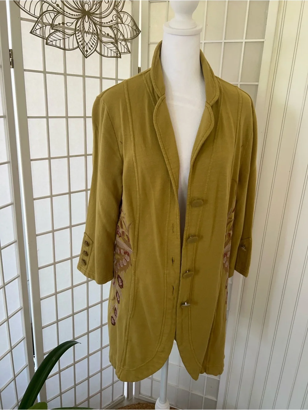 XCVI Embroidered Cotton Jacket Cardigan Large Olive Green Boho
